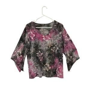 90s Y2K Flowy Floral V-Neck Sparkly Blouse Size XL Whimsigoth Dark Fairy Witchy